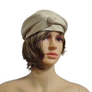1960s Cream Pillbox Hat Cream Button Adornment on Banded Edge Gently Used L & T